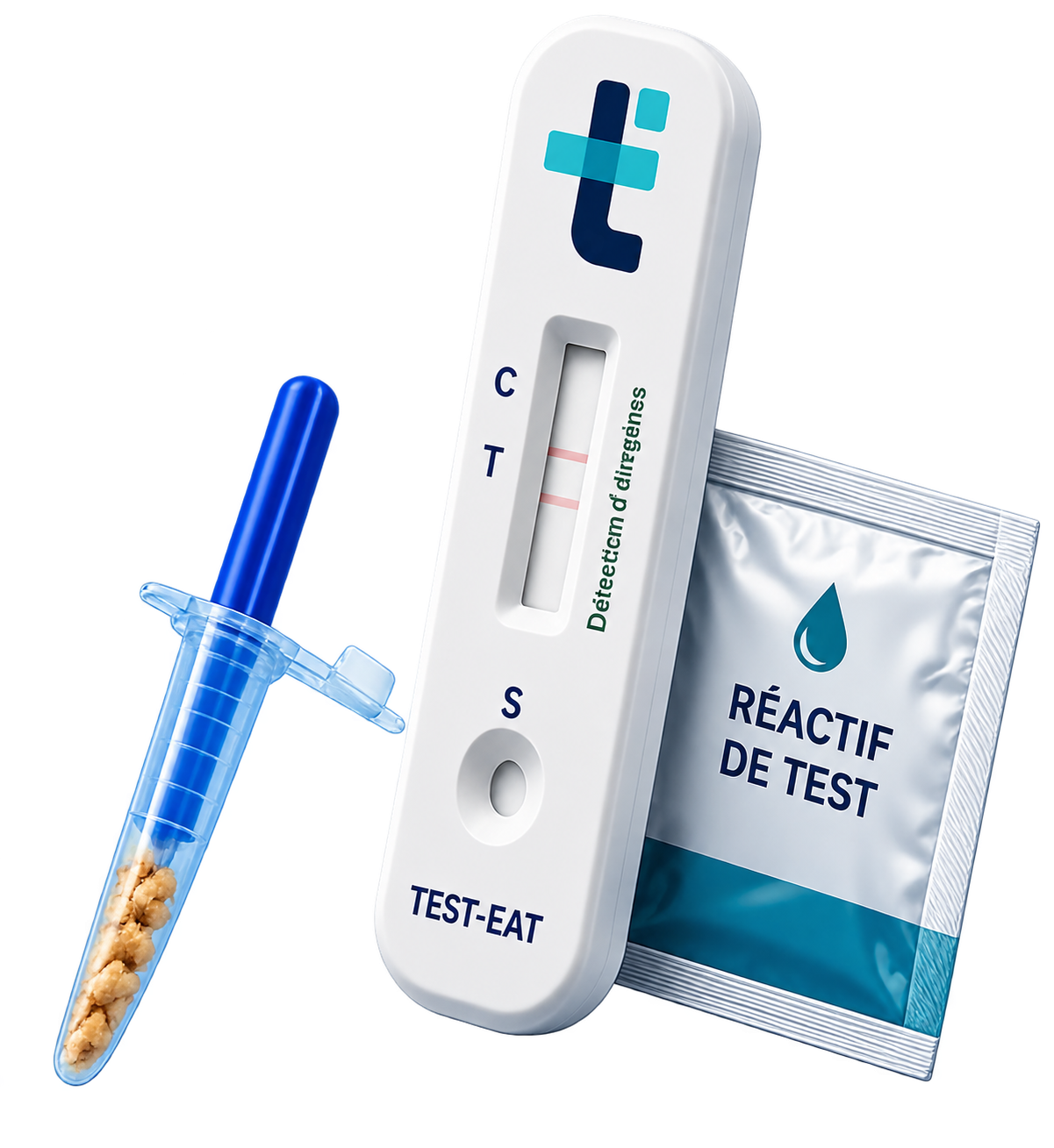 Le test Test-Eat : boîtier de lecture avec fenêtre C/T et zone de dépôt S, tube de prélèvement et sachet de réactif