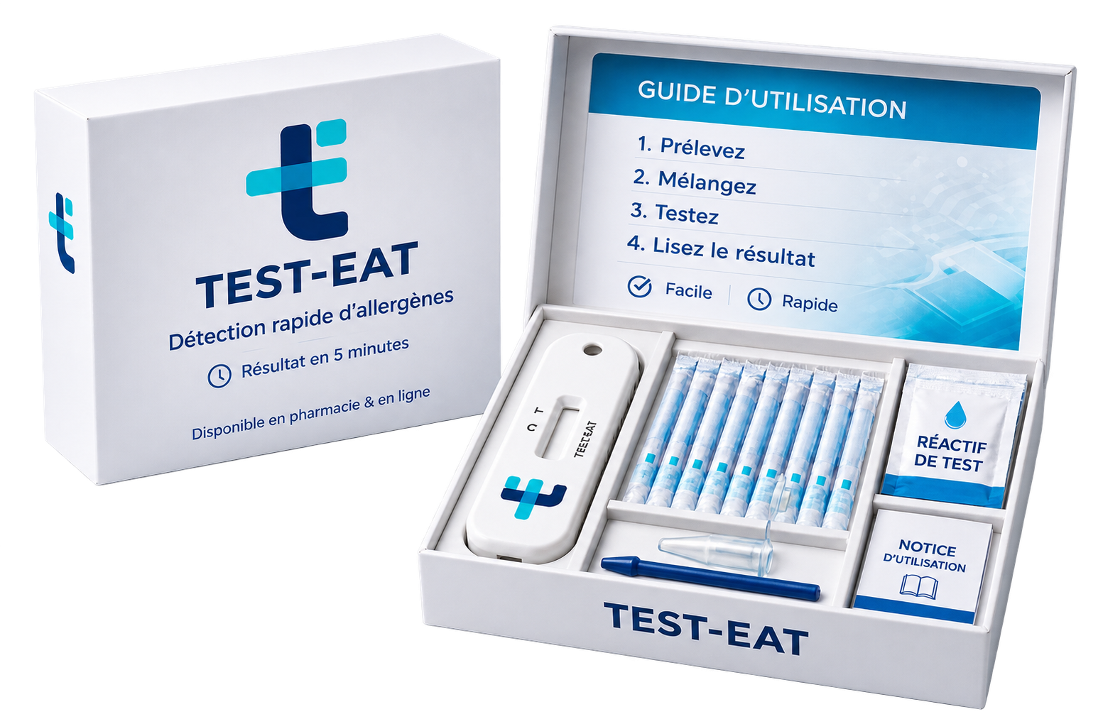 La boîte du kit Test-Eat, fermée, à côté du kit ouvert : boîtier de test, tubes, sachet de réactif et notice d'utilisation